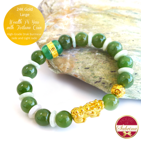 24K Gold Large Pi Yao with Fortune Coin on High Grade Dark Burmese Jade Feng Shui Gemstone Bracelet