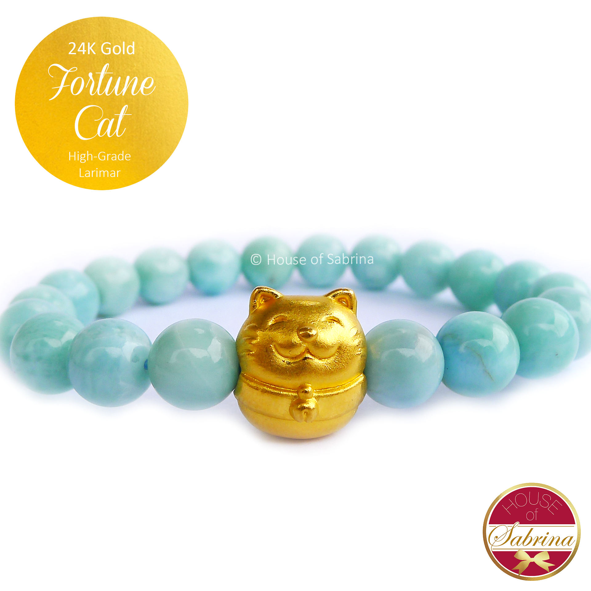 24K Gold Fortune Cat on High Grade Larimar Gemstone Bracelet
