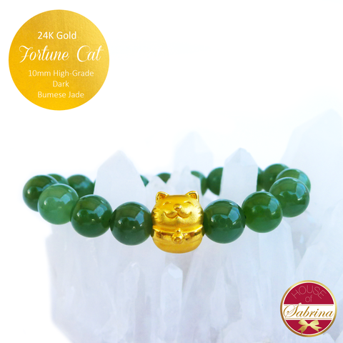 24K Gold Fortune Cat with High Grade Dark Green Burmese Jade
