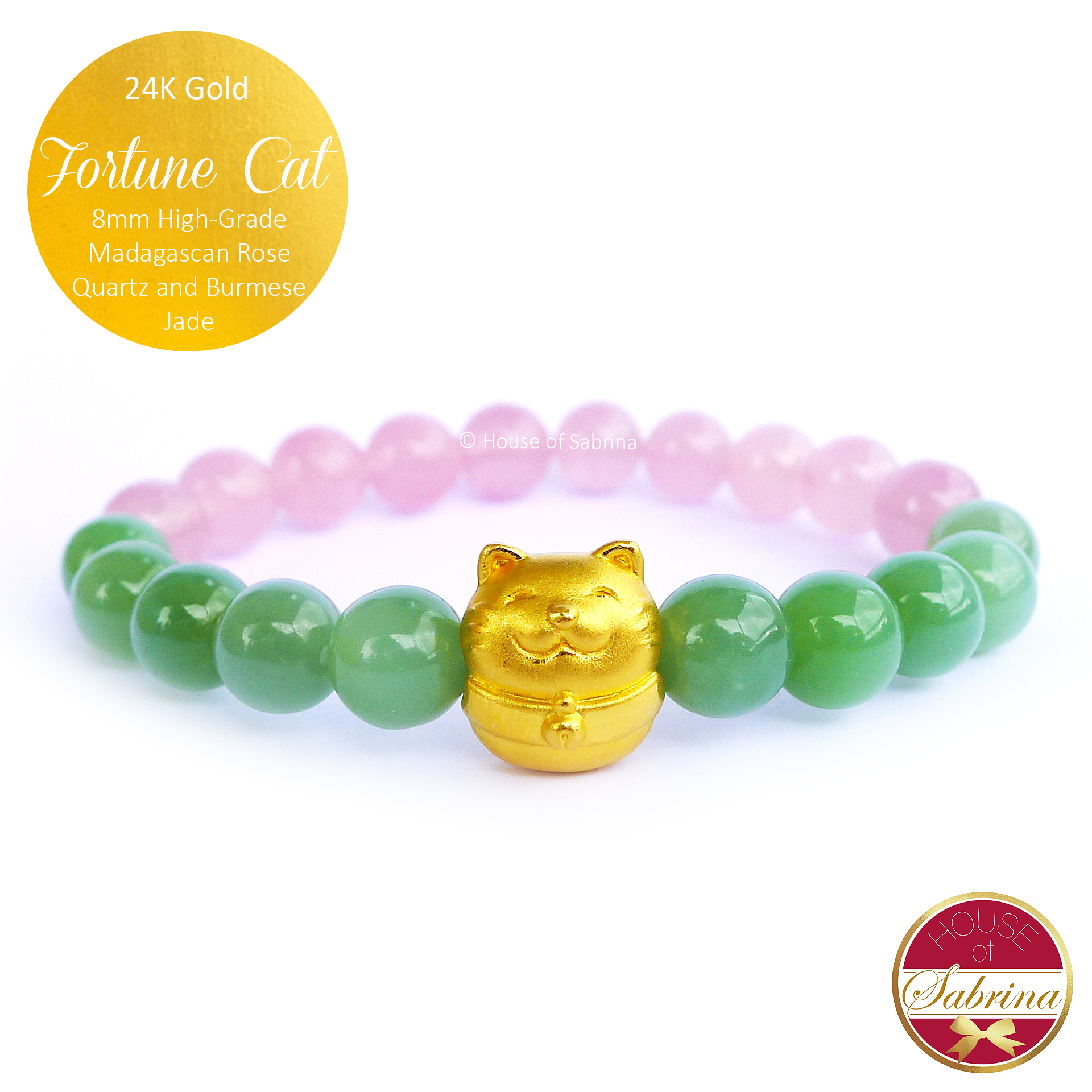 24K Gold Fortune Cat with High Grade Burmese Jade and Madagascan Rose Quartz