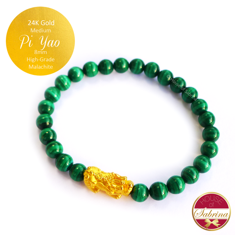 24K Gold Medium Pi Yao on High Grade Malachite Bracelet