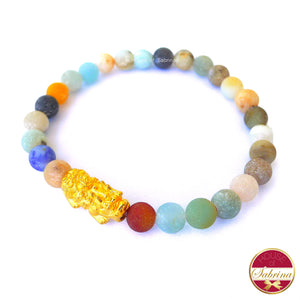 24K Gold Medium Pi Yao Charm in Matte Amazonite Bracelet