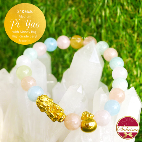 24K Gold Medium Pi Yao with Money Bag on High-Grade Beryl Gemstone Bracelet