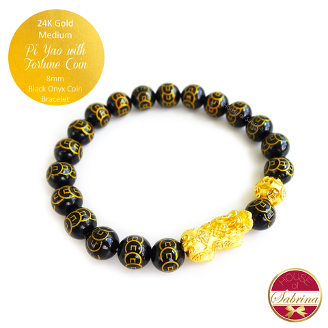 24K Gold Medium Pi Yao with Coin on 8mm Black Onyx Coin Gemstone Bracelet