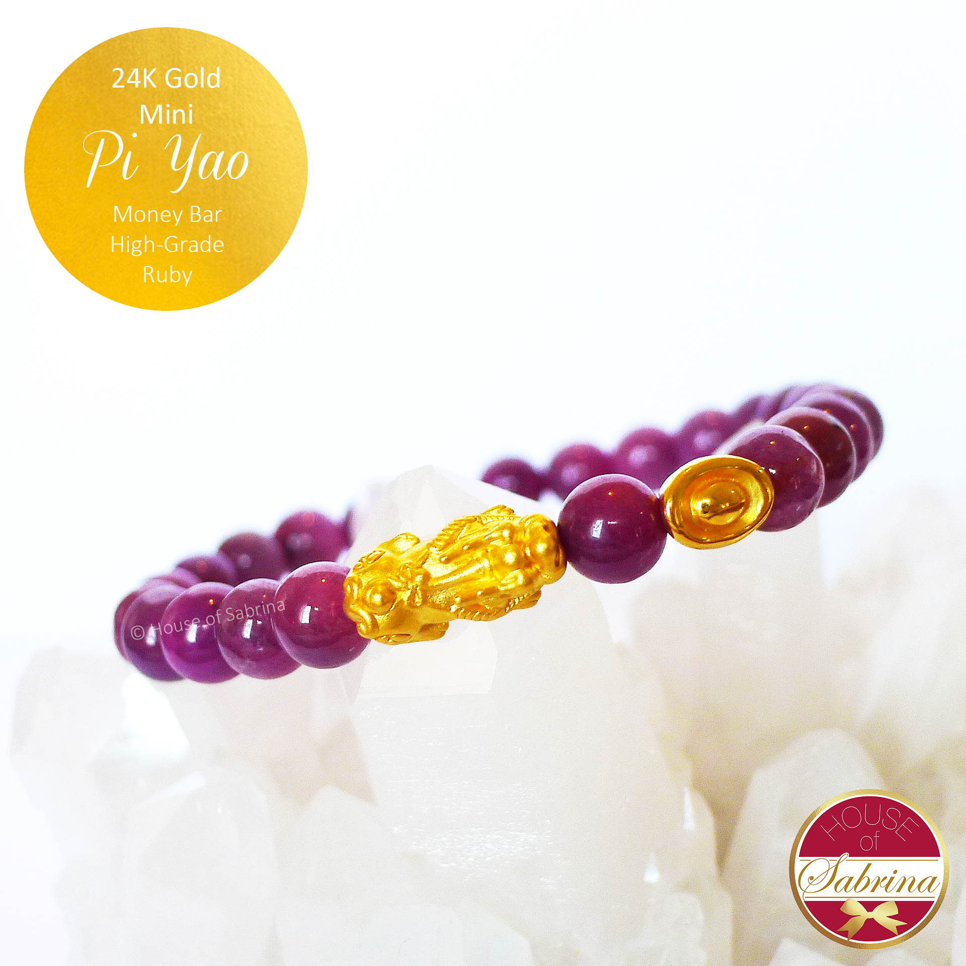 24K Gold Mini Pi Yao with Money Bar on High Grade Ruby Gemstone Bracelet