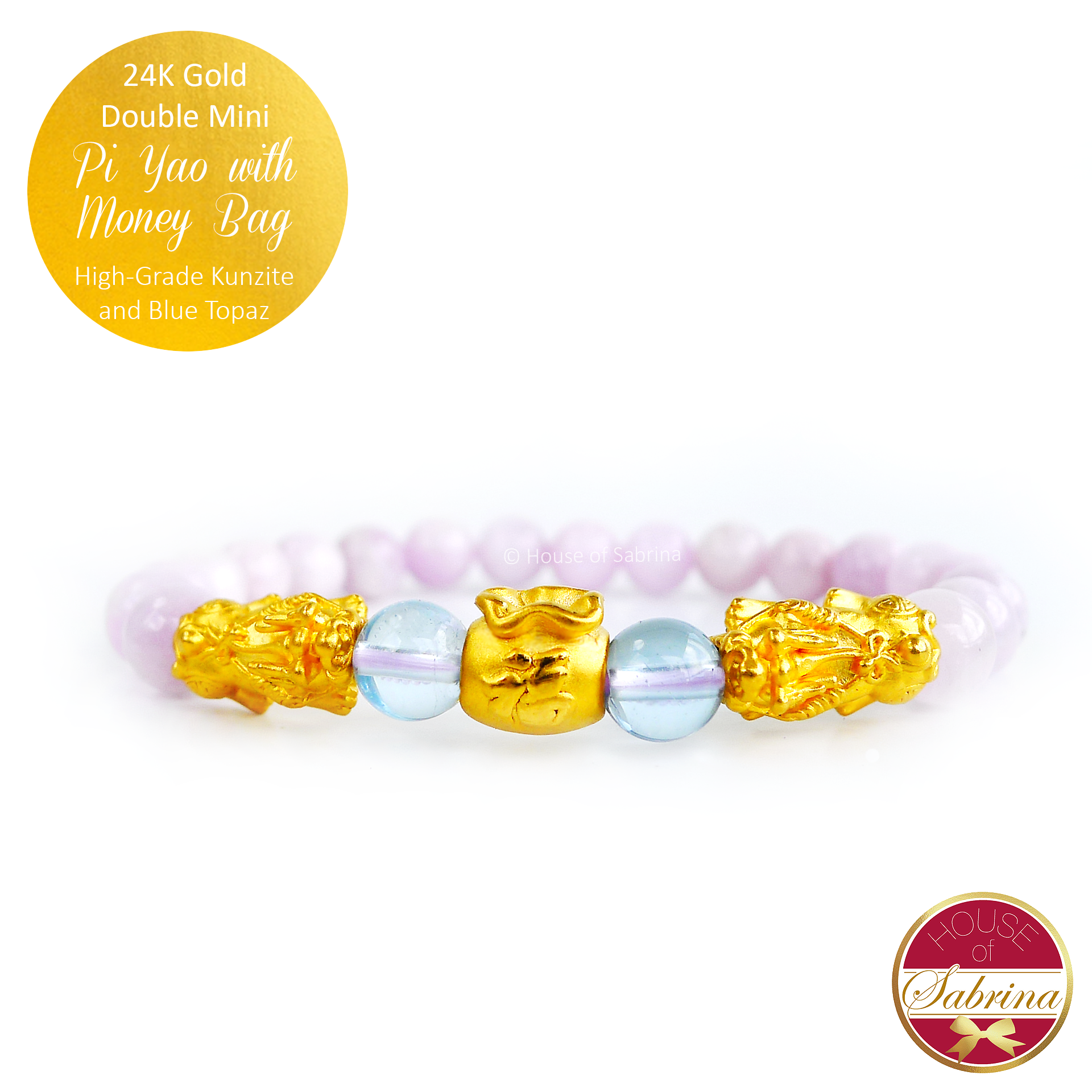 24K Gold Mini Double Pi Yao with Money Bag in Kunzite and Blue Topaz Gemstone Bracelet