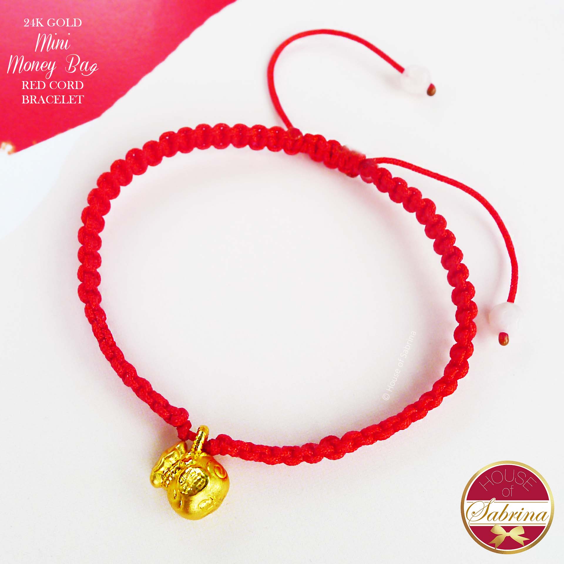 24K GOLD MINI MONEY BAG RED CORD LUCKY CHARM BRACELET – House of