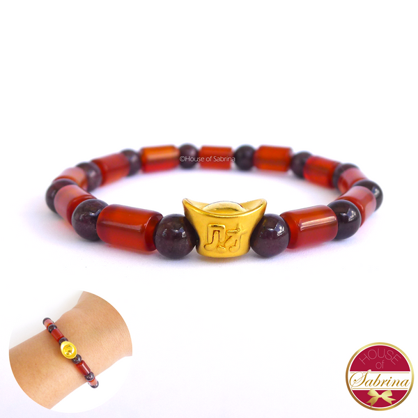 24K Gold  Money Bar in Garnet and Carnelian Crystal Gemstone Lucky Charm Bracelet