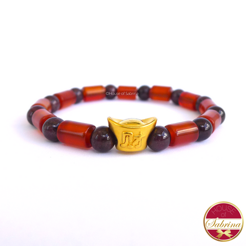 24K Gold  Money Bar in Garnet and Carnelian Crystal Gemstone Lucky Charm Bracelet