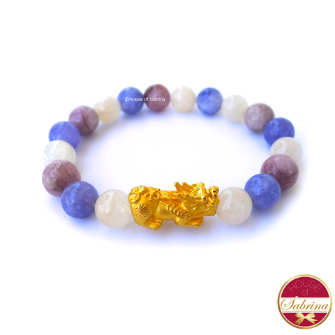 24K Gold Small Pi Yao in Moontsone, Angelite and Kunzite Bracelet