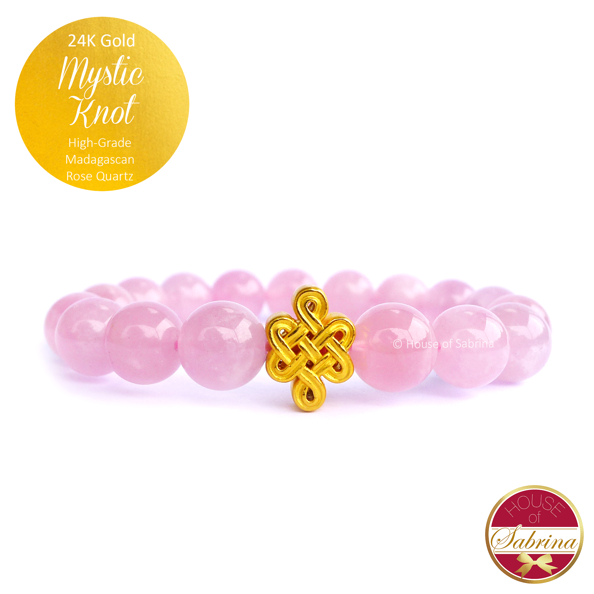 24K Gold Mystic Knot on High Grade Madagascan Rose Quartz Gemstone Bracelet