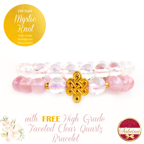 24K Gold Mystic Knot on High Grade Madagascan Rose Quartz x Clear Quartz Gemstone Bracelet