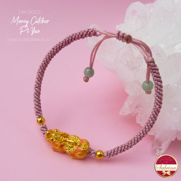 24K GOLD PEACH PI YAO ON LILAC CORD BRACELET