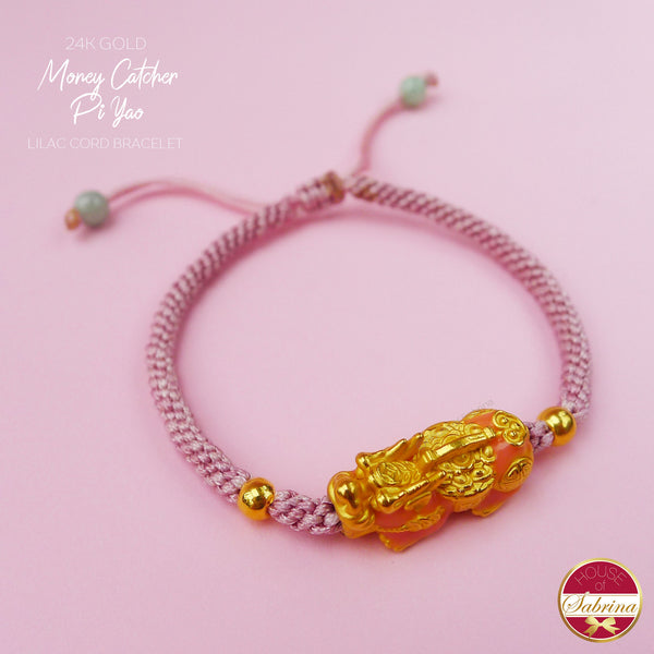 24K GOLD PEACH PI YAO ON LILAC CORD BRACELET