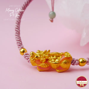 24K GOLD PEACH PI YAO ON LILAC CORD BRACELET