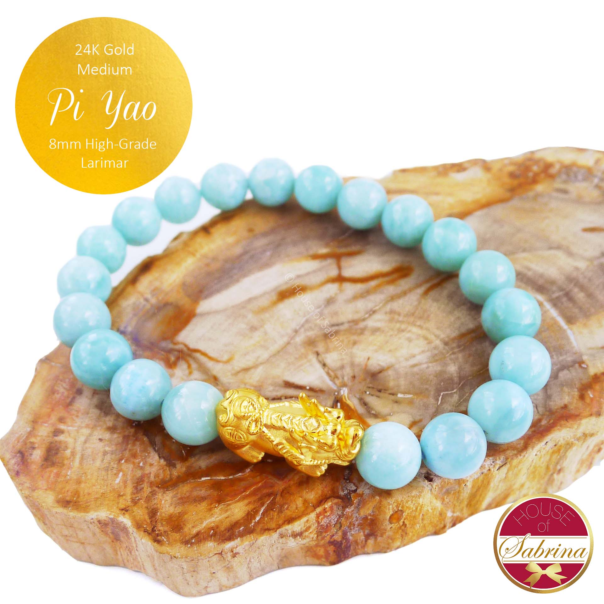 24K Gold Medium Pi Yao on High Grade Larimar Gemstone Bracelet