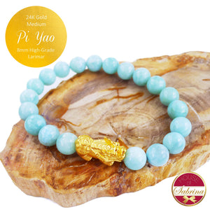 24K Gold Medium Pi Yao on High Grade Larimar Gemstone Bracelet