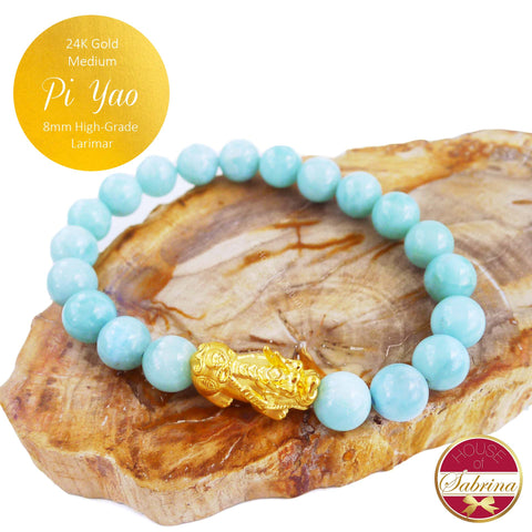 24K Gold Medium Pi Yao on High Grade Larimar Gemstone Bracelet
