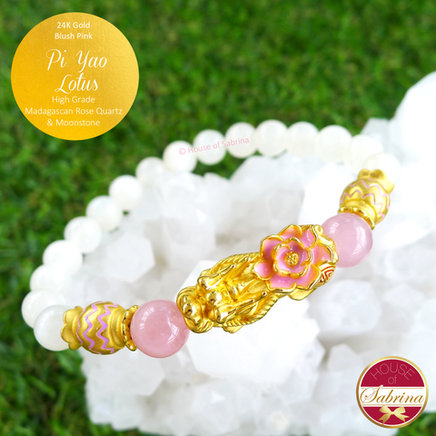 24K Gold Large Blush Pink Pi Yao Lotus with Moonstone and Madagascan Rose Quartz