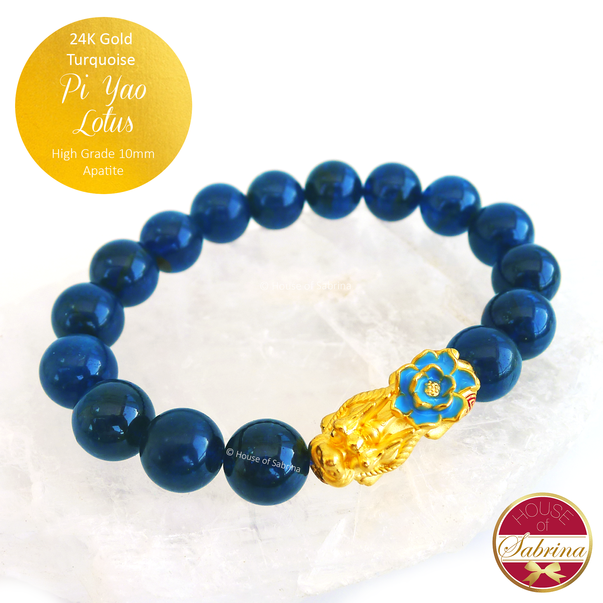 24K Gold Turquoise Pi Yao Lotus (Extra Large) with High Grade Blue Green Apatite Gemstone Bracelet