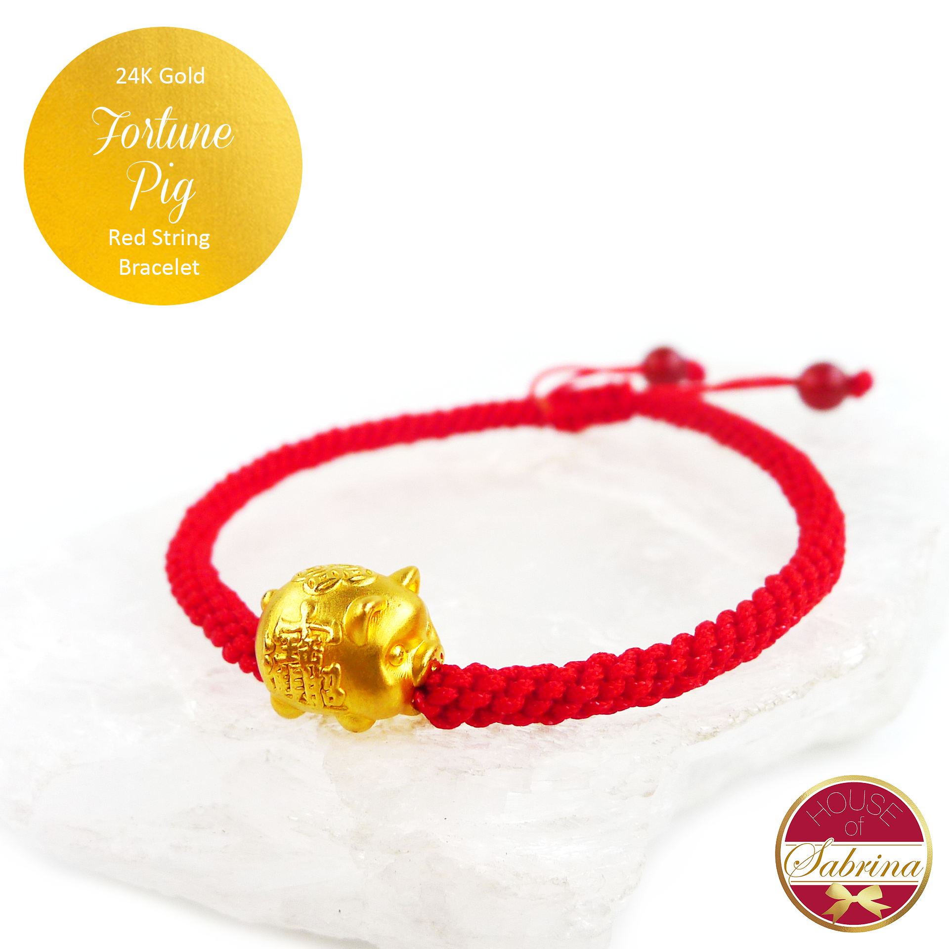 24K Gold Large Fortune Pig on Red String Bracelet