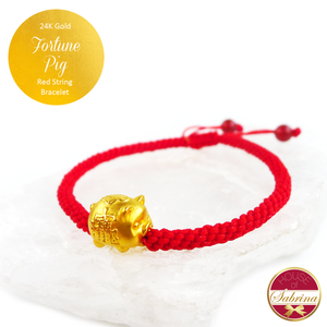 24K Gold Large Fortune Pig on Red String Bracelet