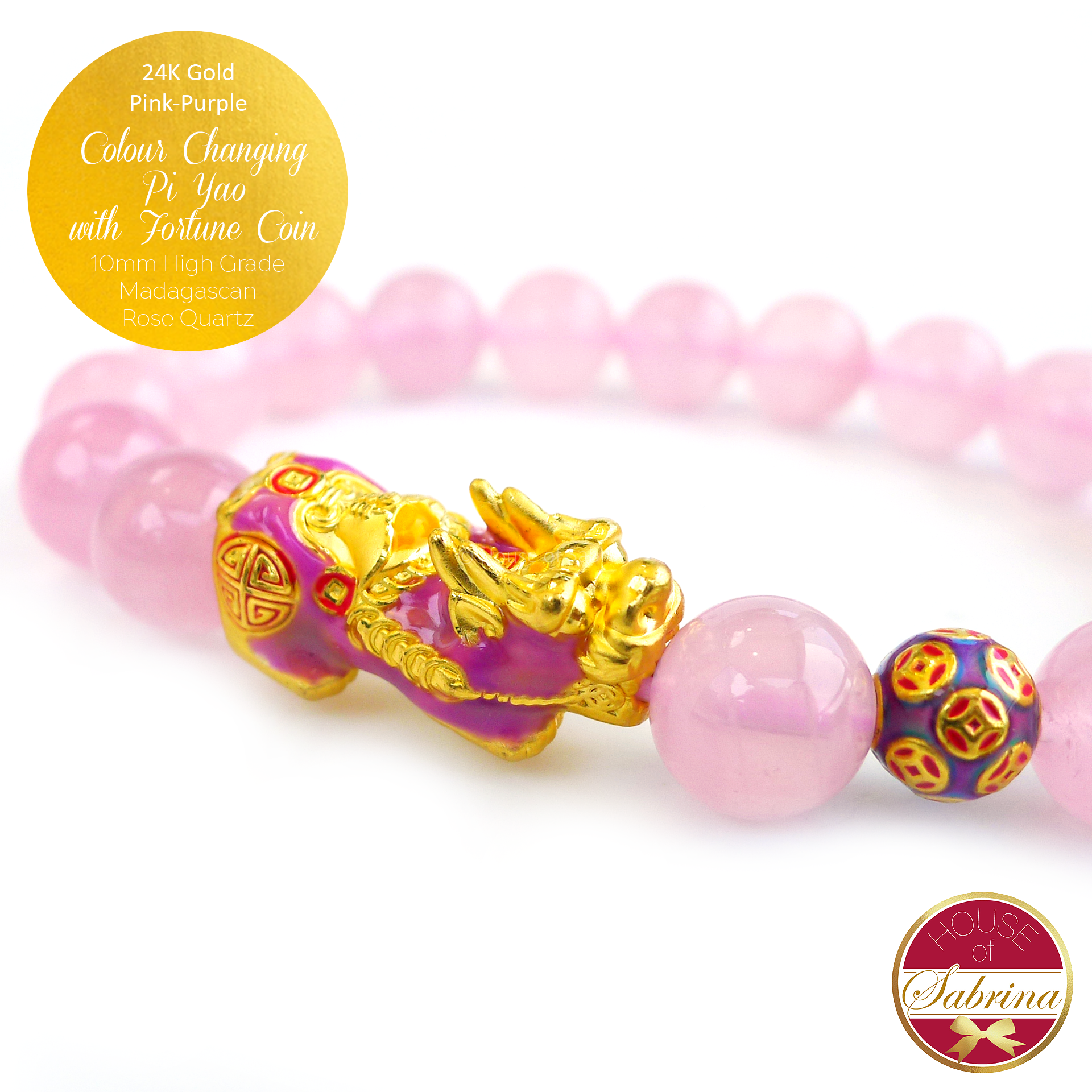 24K Gold Pink- Purple Colour Changing Pi Yao and Fortune Coin on High Grade Madagascan Rose Quartz