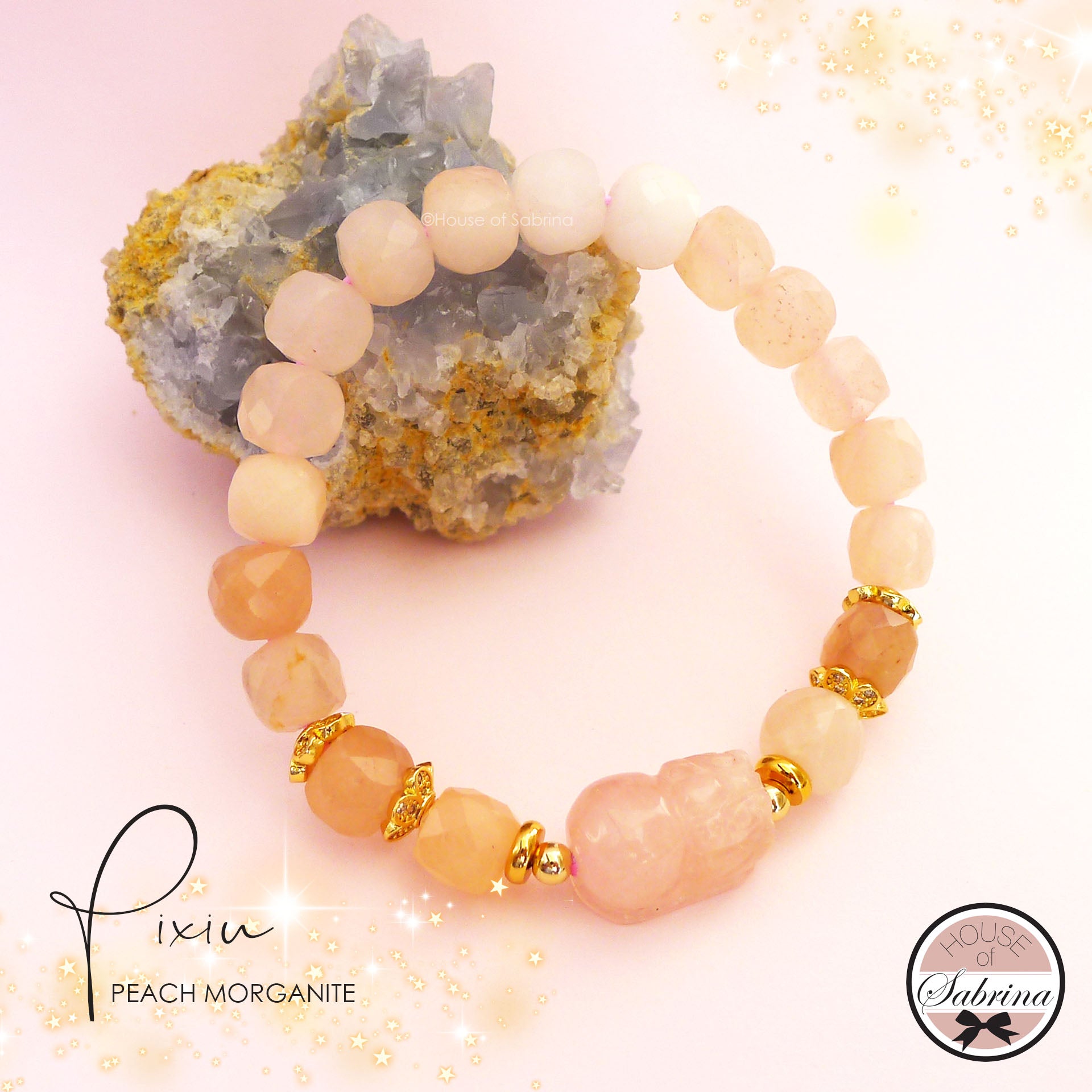 PIXIU PEACH MORGANITE CUBE LUCKY GEMSTONE BRACELET
