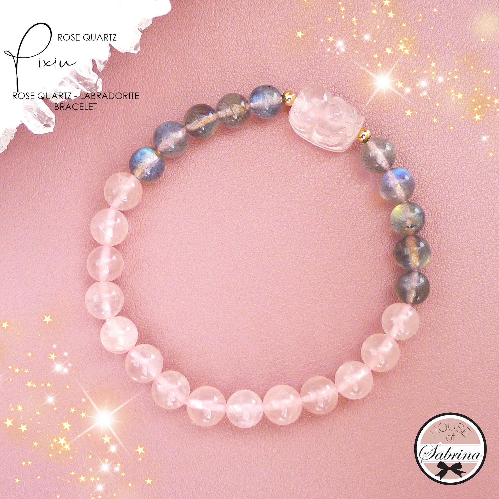 ROSE QUARTZ PIXIU WITH ROSE QUARTZ AND LABRADORITE GEMSTONE LUCKY CHARM BRACELET
