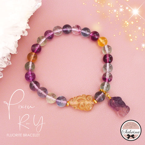 HIGH GRADE PIXIU RU YI COLOURFUL FLUORITE GEMSTONE LUCKY CHARM BRACELET