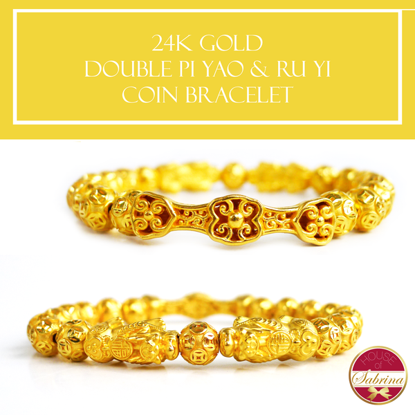 Pure 24K Gold Pi Yao and Ru Yi Lucky Coin Charm