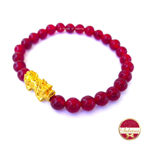 24K Gold Medium Pi Yao Charm in Red Carnelian Bracelet
