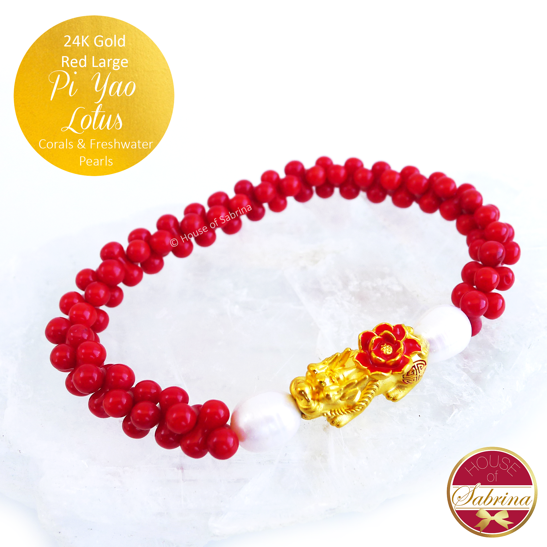 24K Gold Red Pi Yao Lotus (Large) on Coral Gemstone Bracelet