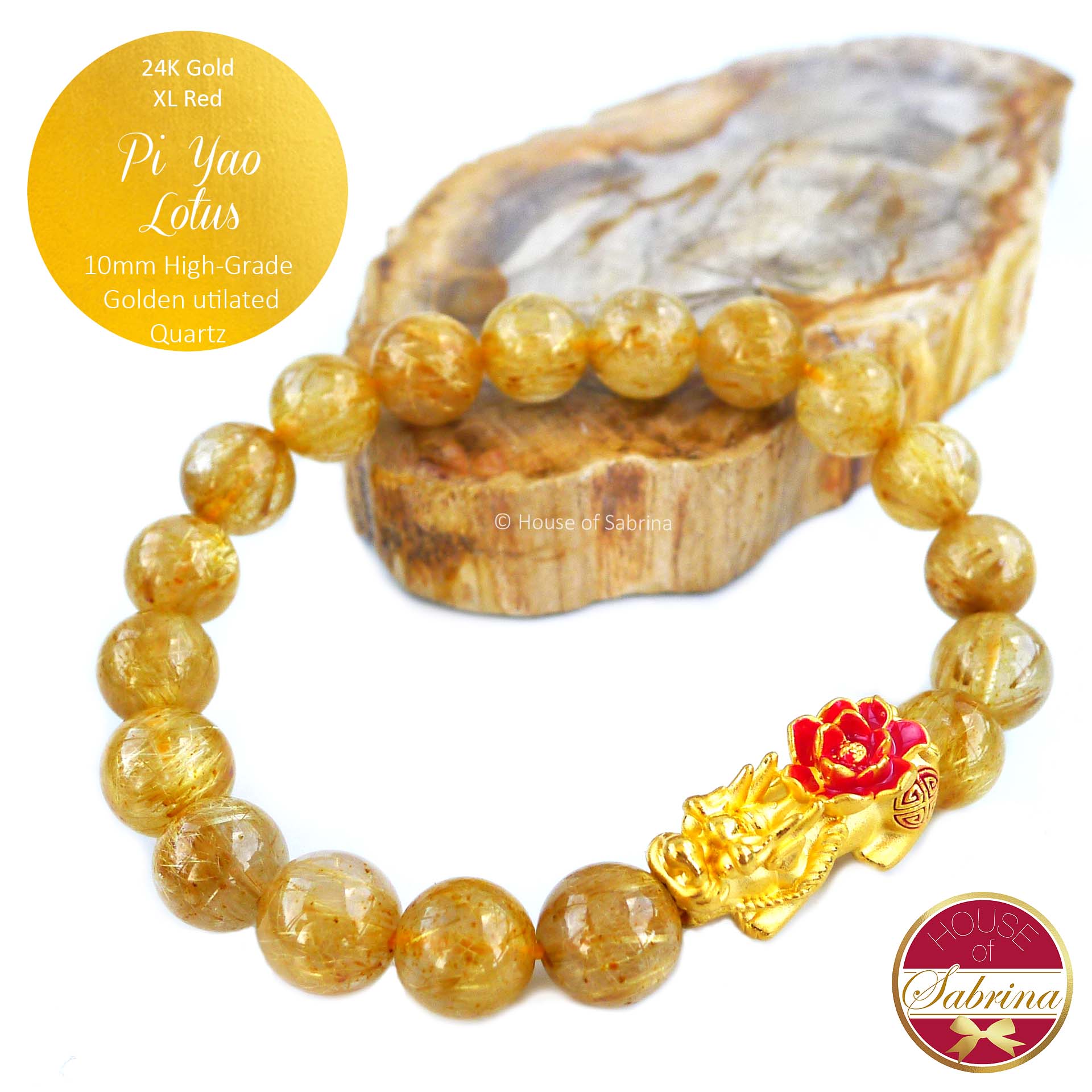 24K Gold Extra Large Red Lotus Pi Yao on High Grade Golden Rutilated Quartz