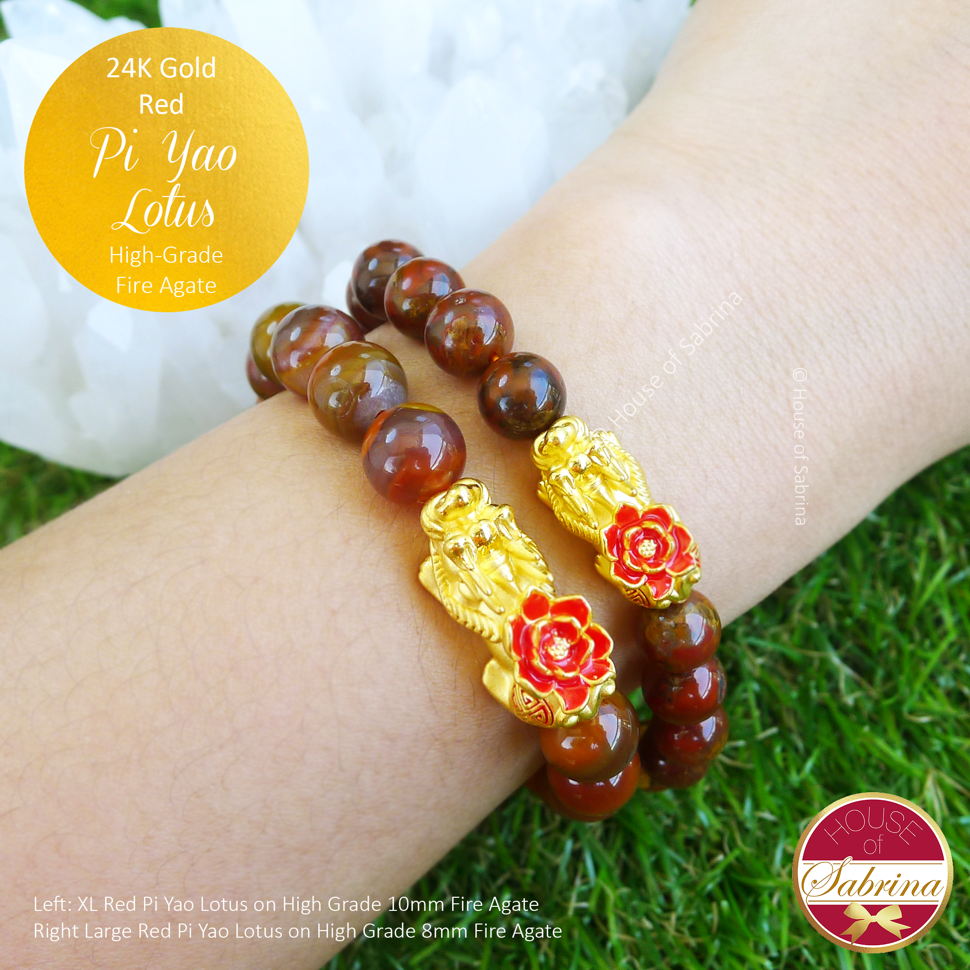 24K Gold Red Pi Yao Lotus (Large) on 8mm High Grade Fire Agate
