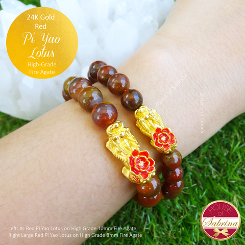 24K Gold Red Pi Yao Lotus (Extra Large) on 10mm High Grade Fire Agate