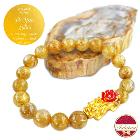 24K Gold Extra Large Red Lotus Pi Yao on High Grade Golden Rutilated Quartz