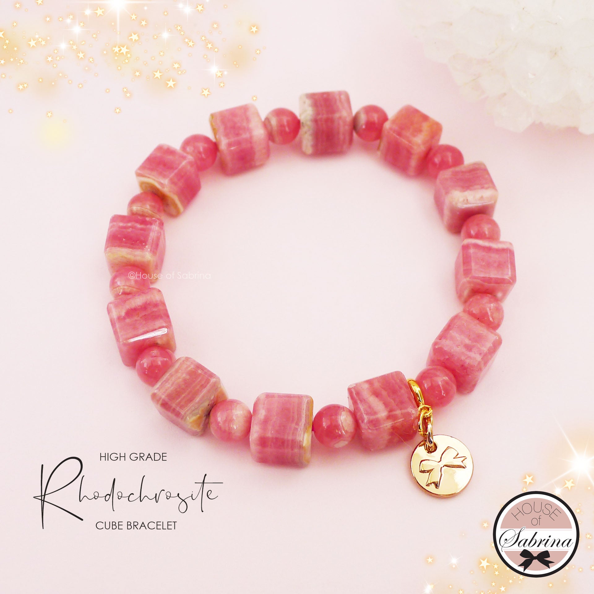 HIGH GRADE RHODOCROSITE CUBE GEMSTONE BRACELET