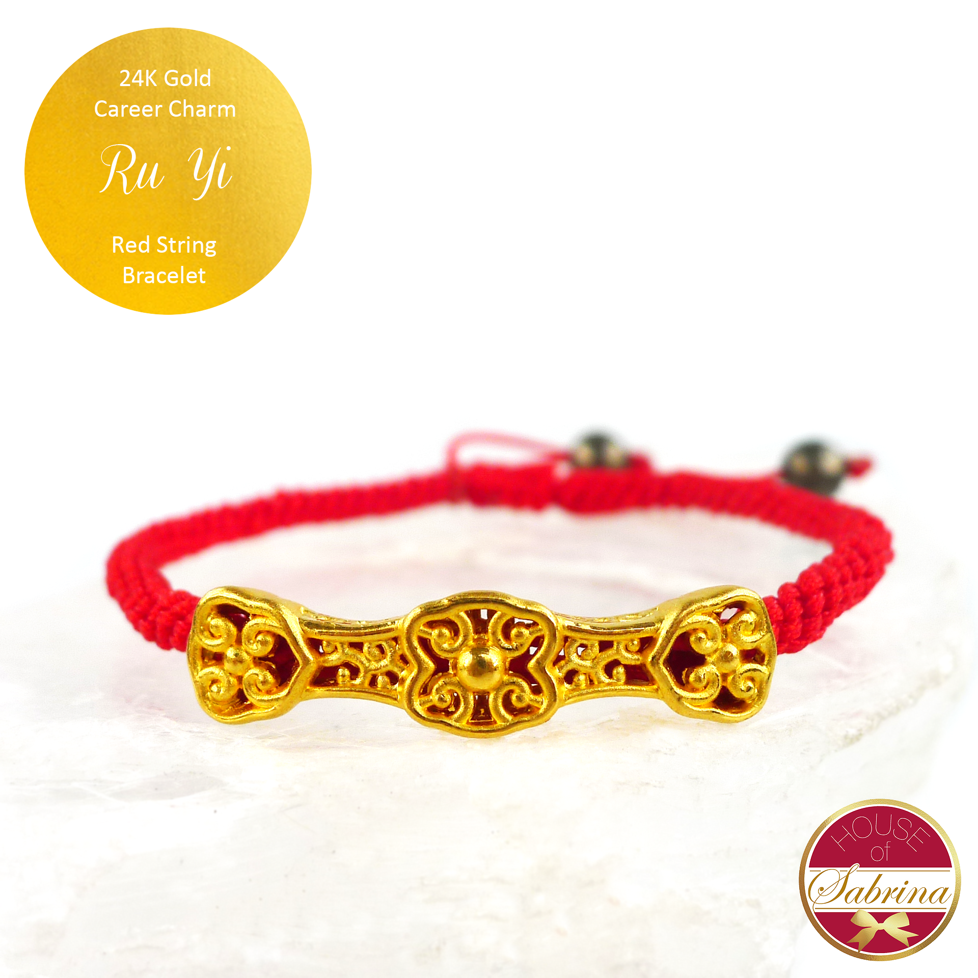 24K Gold Ru Yi Career Charm on Red String Bracelet