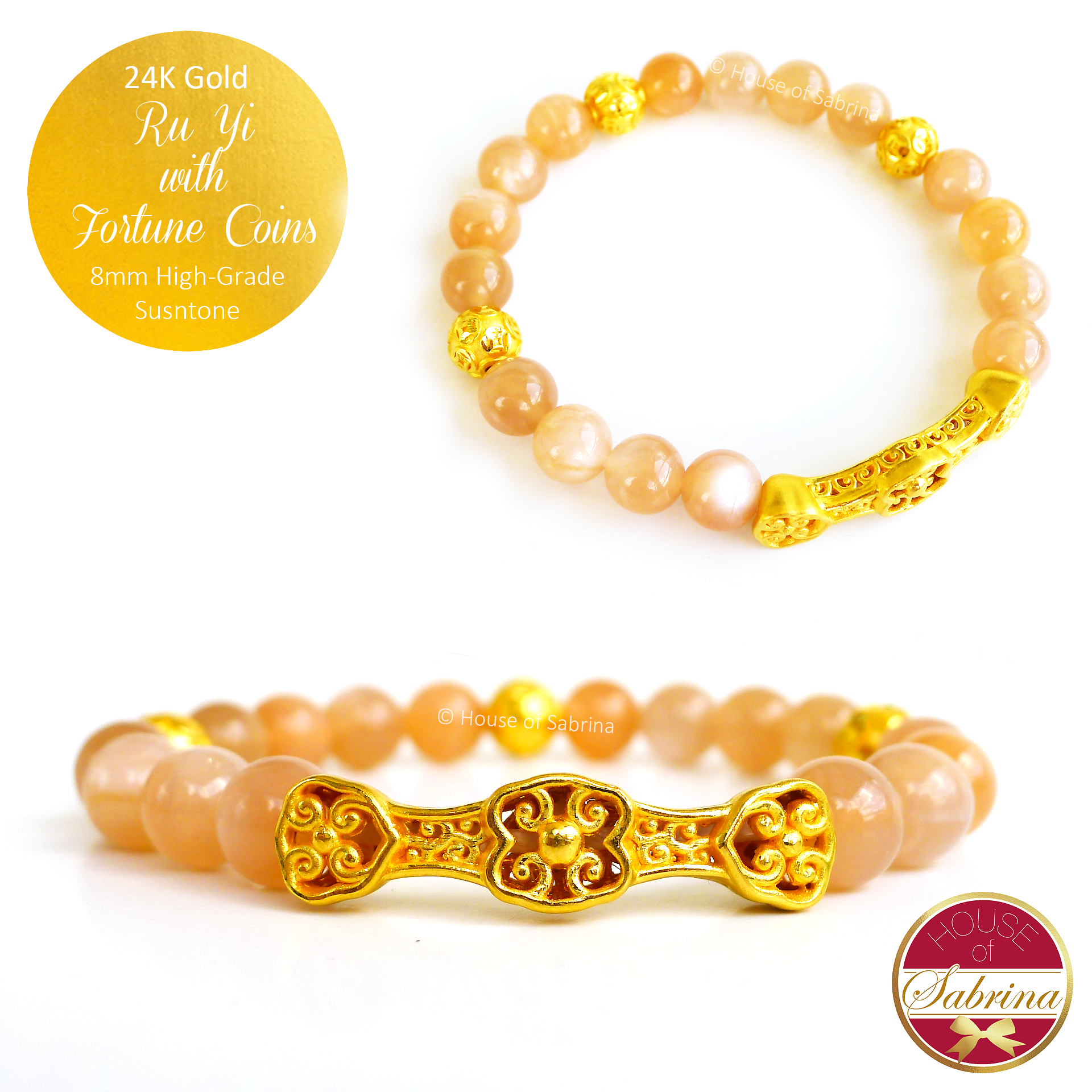 24K Gold Ru Yi with Fortune Coins on Sunstone Feng Shui Lucky Charm Bracelet