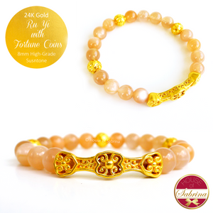 24K Gold Ru Yi with Fortune Coins on Sunstone Feng Shui Lucky Charm Bracelet