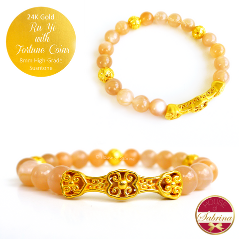 24K Gold Ru Yi with Fortune Coins on Sunstone Feng Shui Lucky Charm Bracelet