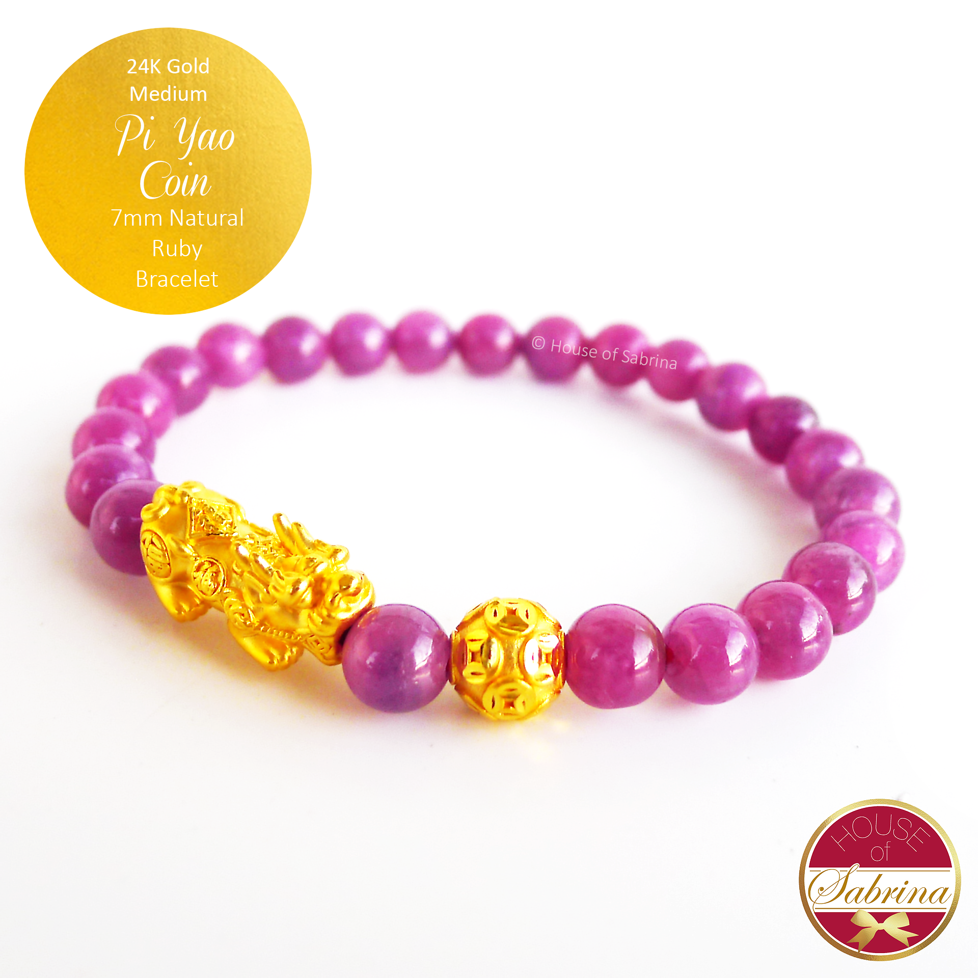 24K Gold Medium Pi Yao with Coin on 7mm Natural Ruby Gemstone Bracelet