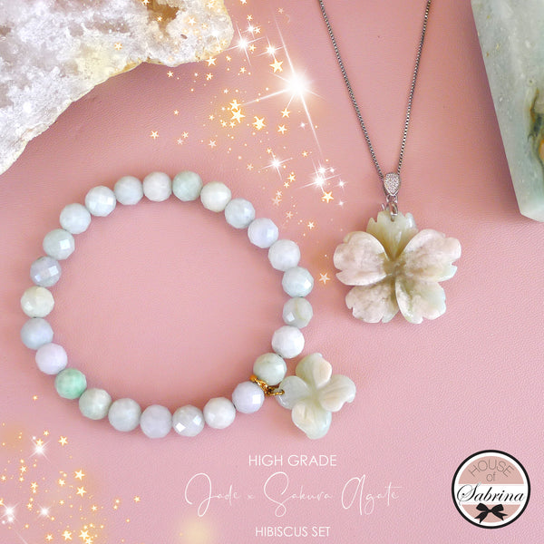 HIGH GRADE SAKURA AGATE x BURMESE JADE HIBISCUS SET