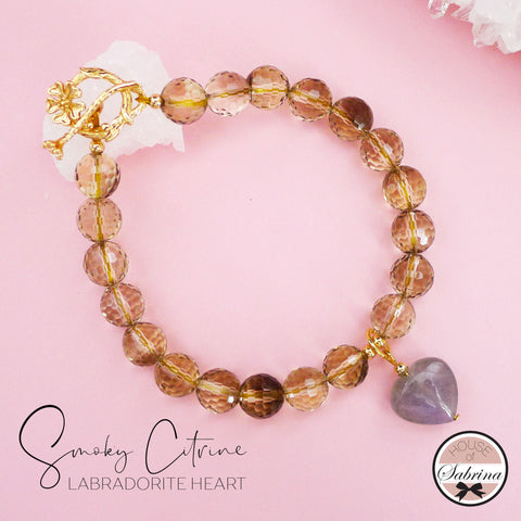 SMOKY CITRINE with GEM GRADE HEART LABRADORITE GEMSTONE LUCKY CHARM BRACELET