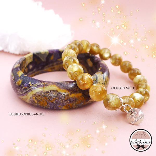 HIGH GRADE SUGILITE FLUORITE BANGLE + GOLDEN MICA GEMSTONE BRACELET SET