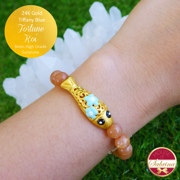 24K Gold Tiffany Blue Fortune Koi on High Grade Sunstone Gemstone Bracelet