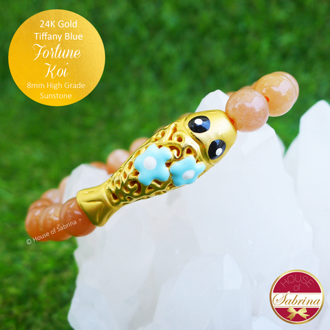 24K Gold Tiffany Blue Fortune Koi on High Grade Sunstone Gemstone Bracelet