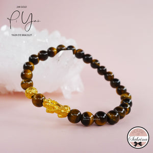 24K Gold Pi Yao and Coin on Tiger Eye Gemstone Bracelet
