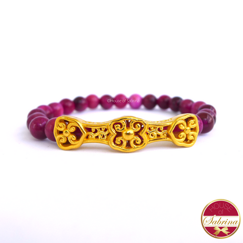 24K Gold Ru Yi in Pink Tiger Eye Crystal Gemstone Lucky Charm Bracelet